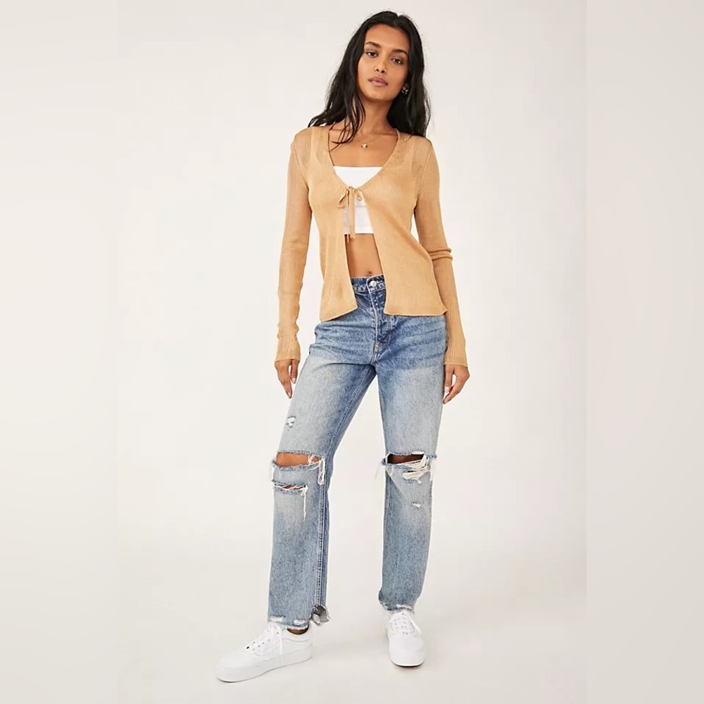 Free People Marlena Y2K sand Large front tie cardigan tan gold lightweight‎ Rock
